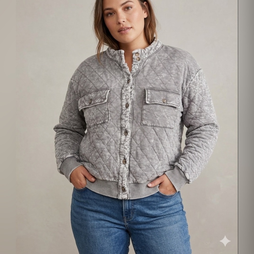 Jane and Delancey Quilted Shirt Jacket Mineral Wash Diamond quilt Gray Sz XL